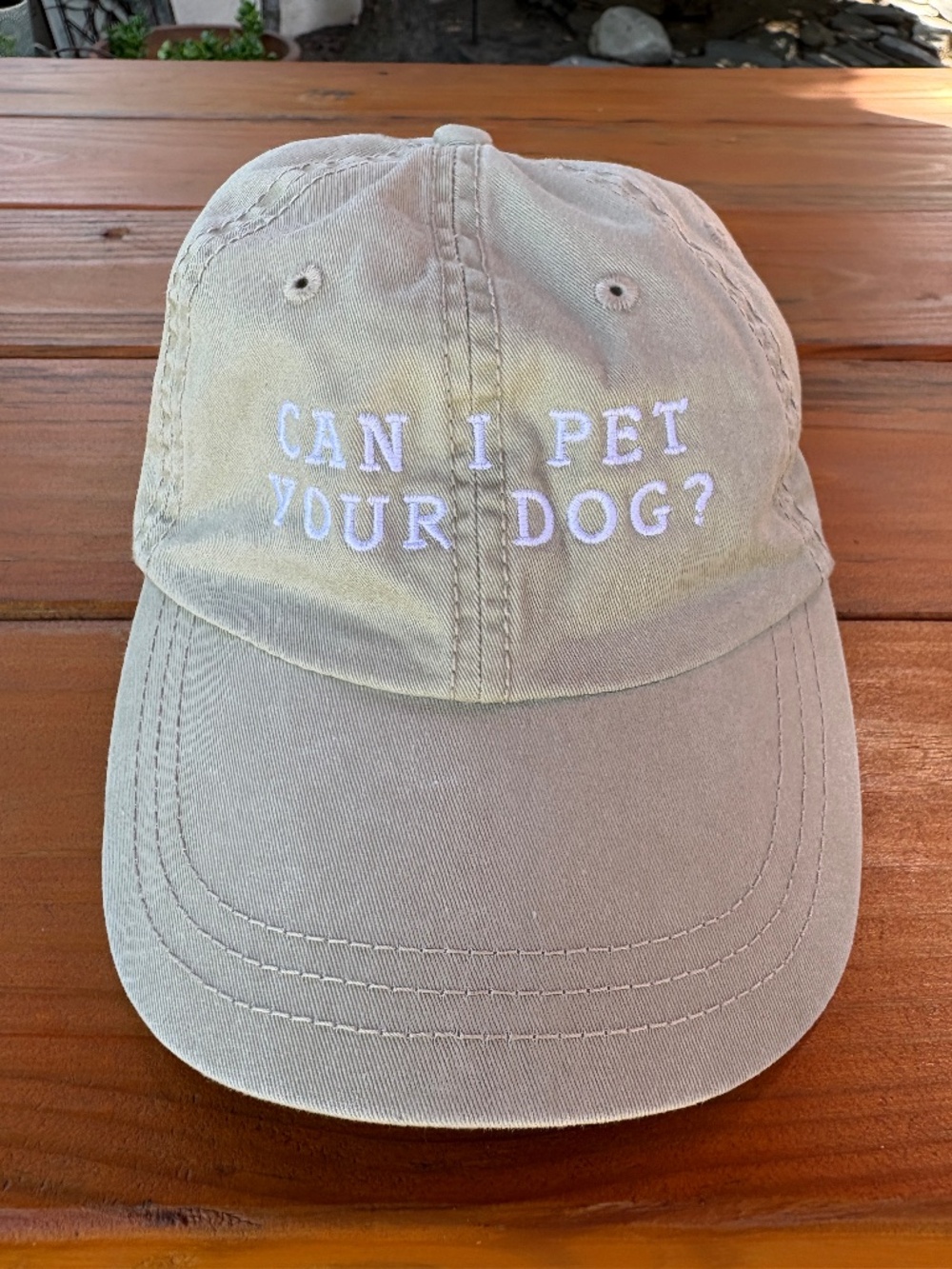 100% Cotton "Can I Pet Your Dog" Baseball Hat Tan Adjustable Unisex Embroidered